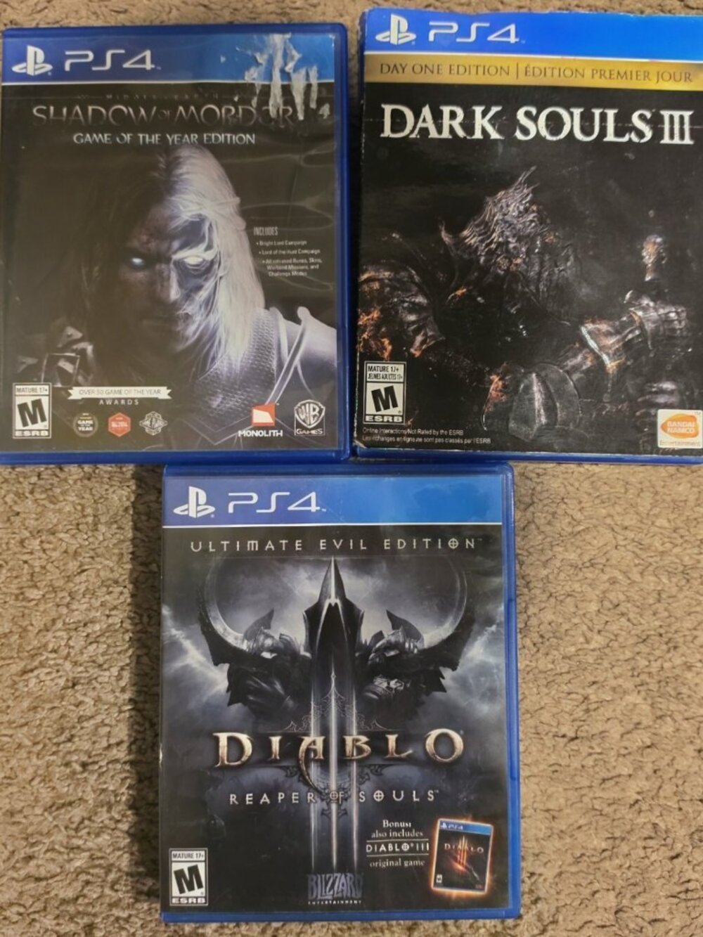 PS4 Action/Adventure Game Lot - Diablo III, Dark Souls III, & Shadow Of Mordor